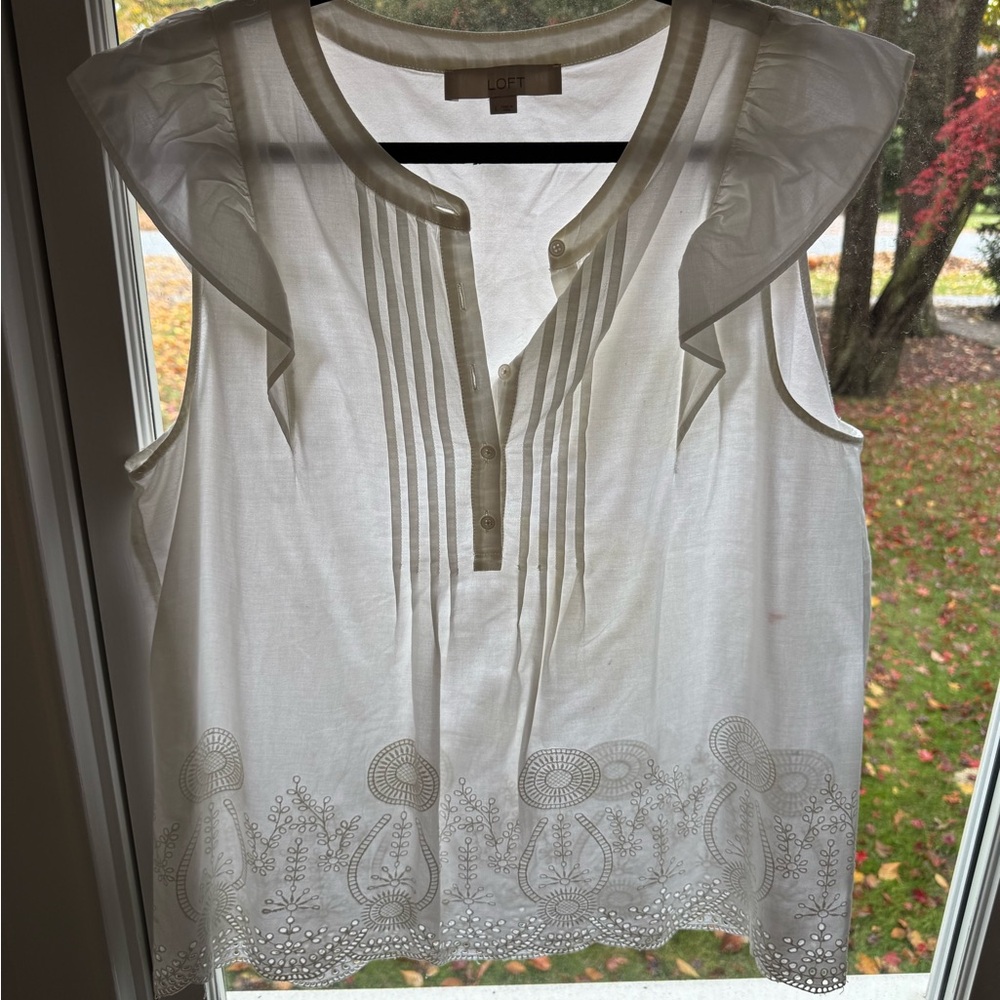 LOFT white Sleeveless Blouse with Embroidered Hem